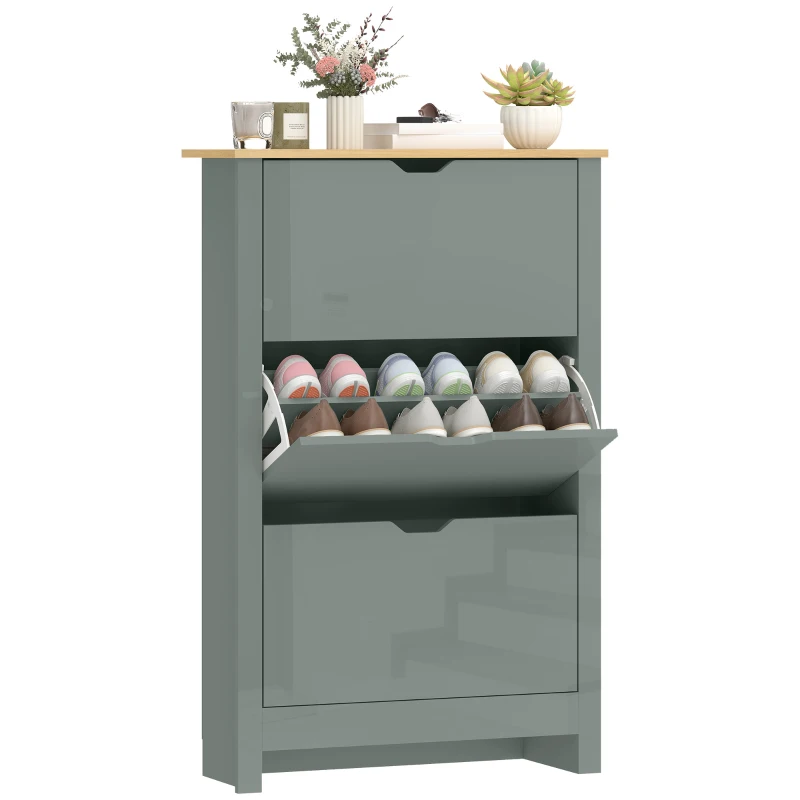 HOMCOM Slim Shoe Cabinet, Narrow Shoe Cupboard with 3 Flip Drawers, Adjustable Shelves for 18 Pairs of Shoes, Light Grey