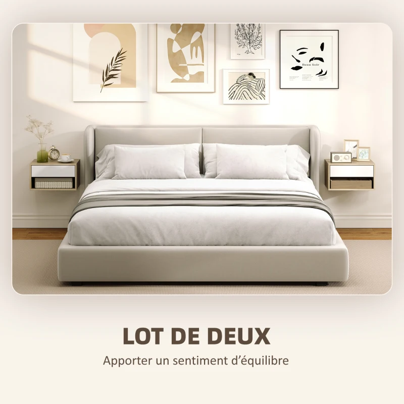 HOMCOM Lot de 2 tables de chevet murales, tables de nuit, tiroir, compartiment ouvert, plateau, 37 x 32 x 21 cm, bois naturel