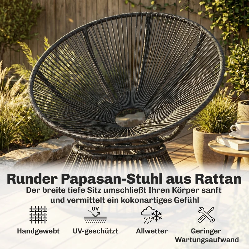 Outsunny Papasansessel 360° drehbar Korbsessel mit Kissen Stahlrahmen runder Rattansessel Loungesessel Grau