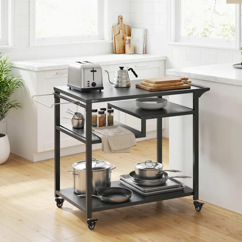 Outsunny Outdoor Grill Cart, Three-Tier Pizza Oven Stand  with Steel Tabletop, Hooks, Rubbish Bag Holder, Wheels, Black