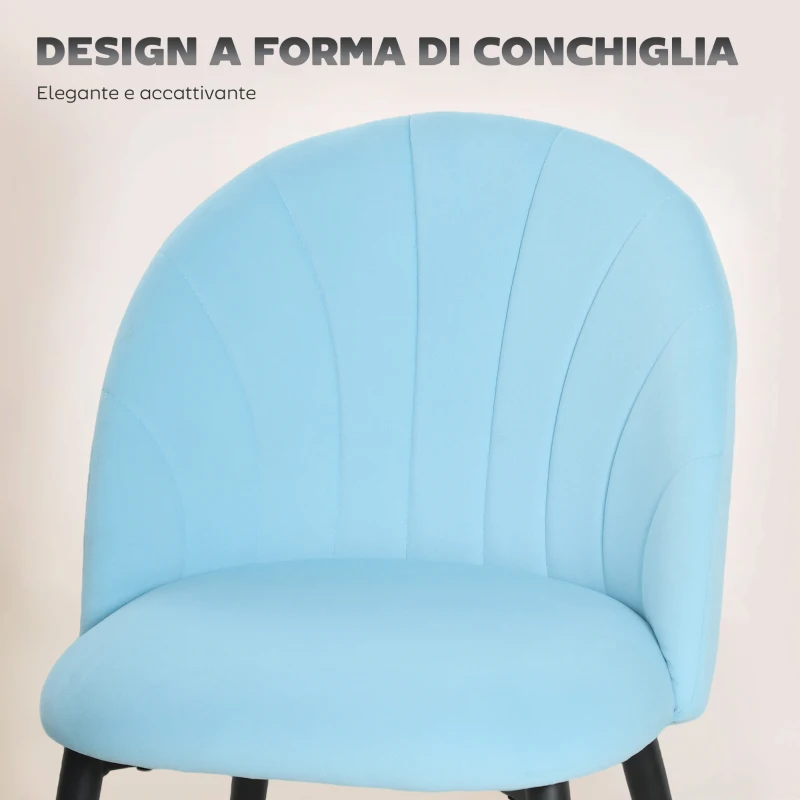HOMCOM Set 2 Sedie da Pranzo Imbottite con Schienale a Conchiglia in Velluto, 52x55x79 cm, Azzurro