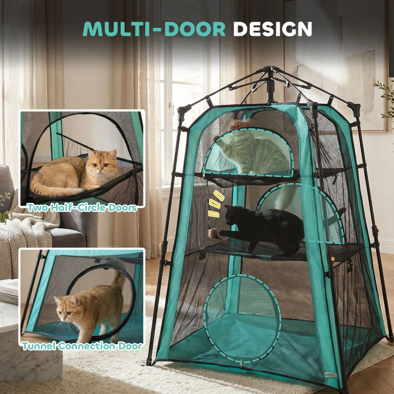 PawHut Cat Tent, 3-Tier Portable Pet Tent for Indoor Outdoor, Cat House with Multi-Door, Carry Bag, Breathable Mesh