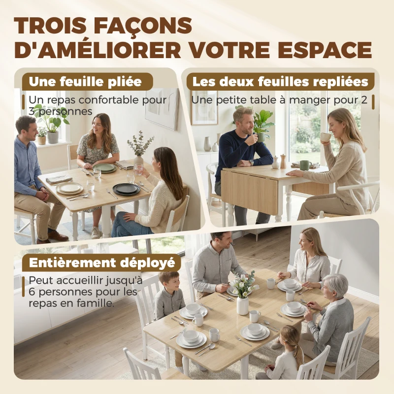 HOMCOM Table à manger pliante pour 2 à 6 personnes 74-134 cm, table de cuisine avec 2 abattants, pieds en acier, bois naturel