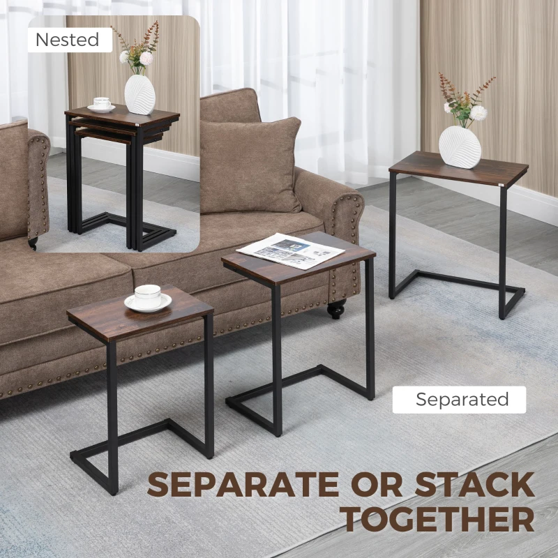 HOMCOM Nesting Side Tables Set of 3, C-Shaped Snack Side Tables with Steel Frame for Sofa Couch and Bed, Rustic Brown