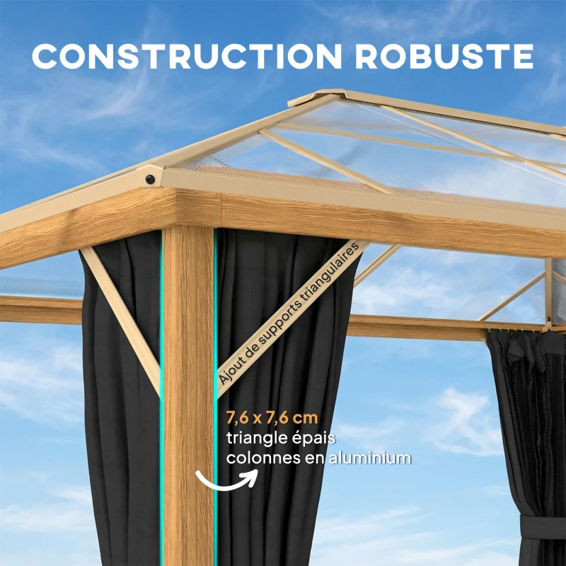 Outsunny Tonnelle de Jardin Pavillon Extérieur Aspect Bois Toit Rigide en Polycarbonate UV50+ Imperméable 398x298x262cm Naturel