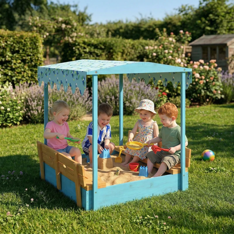 AIYAPLAY Bac à sable en bois avec couvercle, bac à sable enfant extérieur avec siège pliable toile imprimée flamants bleus