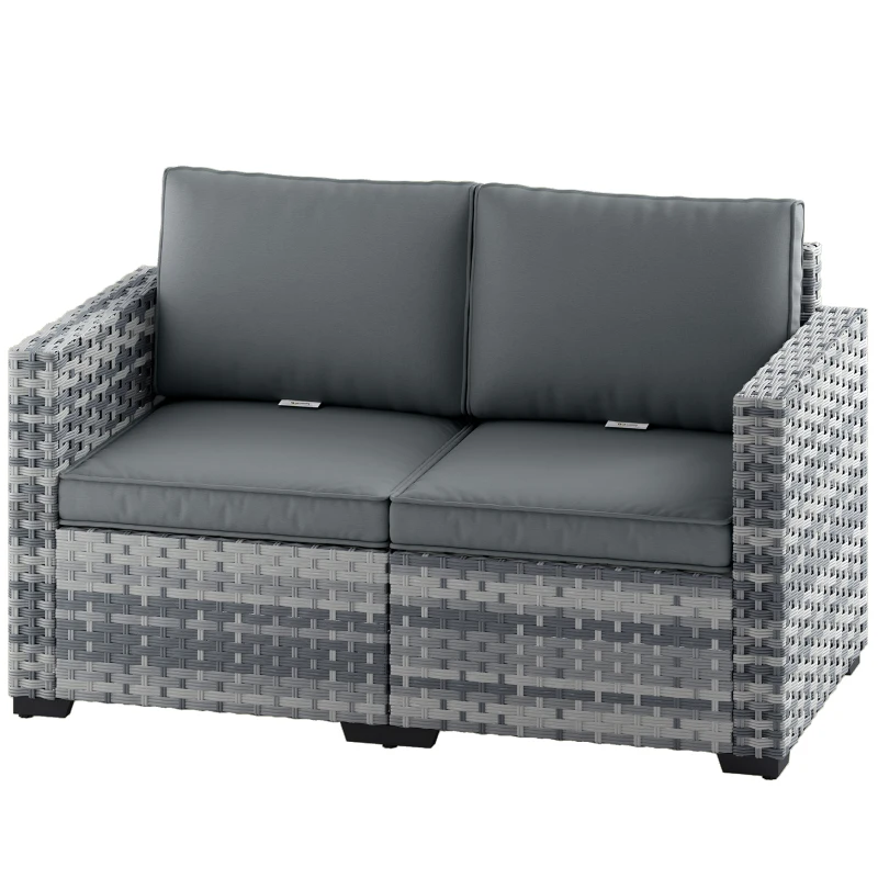 Outsunny 2 Seater Rattan Sofa, Outdoor Garden Sofa with Deep Seat, Cushions, Wide Armrests for Patio, Balcony, Porch, Mixed Grey