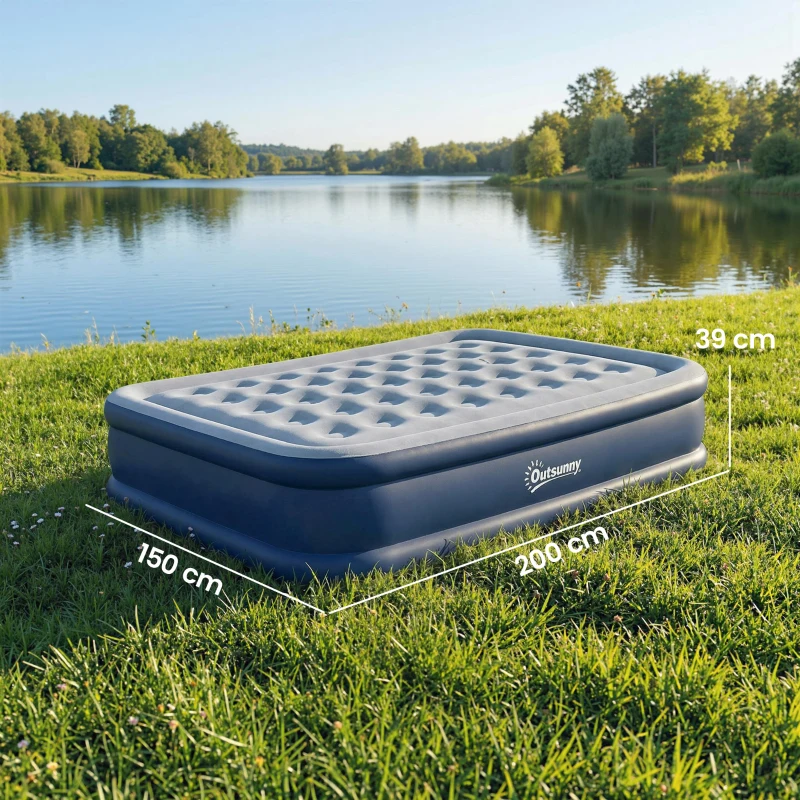 Outsunny Inflatable Mattress, Double Air Bed with Built-in Electric Pump, 3 Mins Inflation, Flocked Surface, Grey