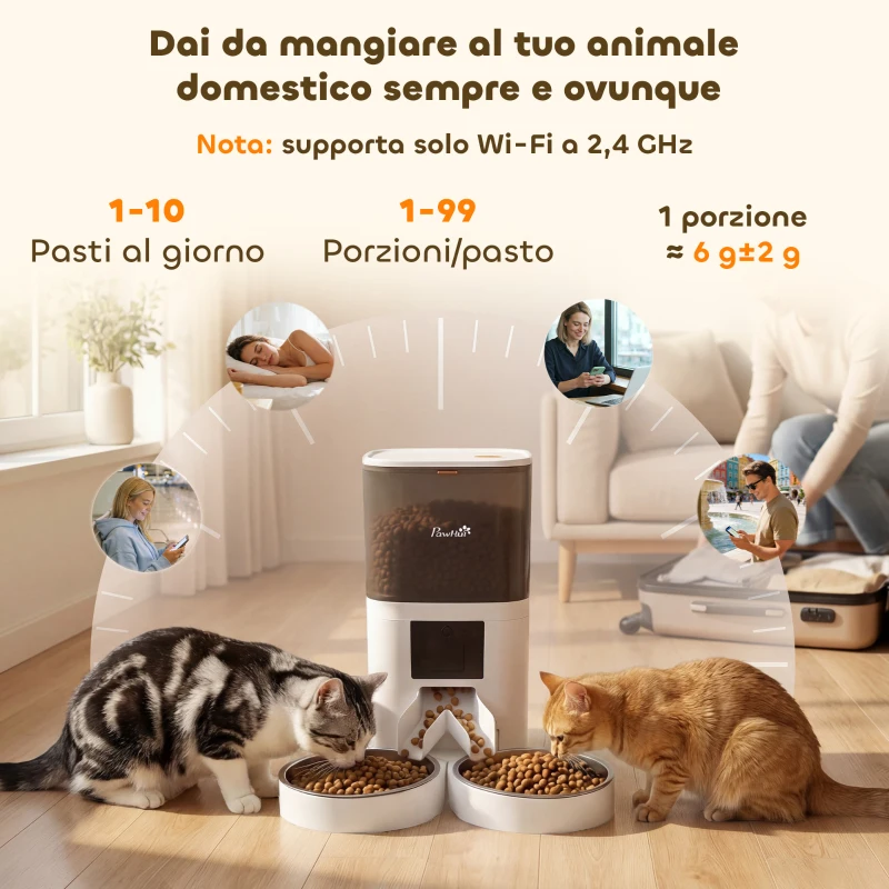PawHut Distributore Automatico Cibo Gatti 6L WiFi 2.4G, App Controllo con Timer, 1-10 Pasti al Giorno, Registratore 10s, 2 Ciotole in Acciaio Inox