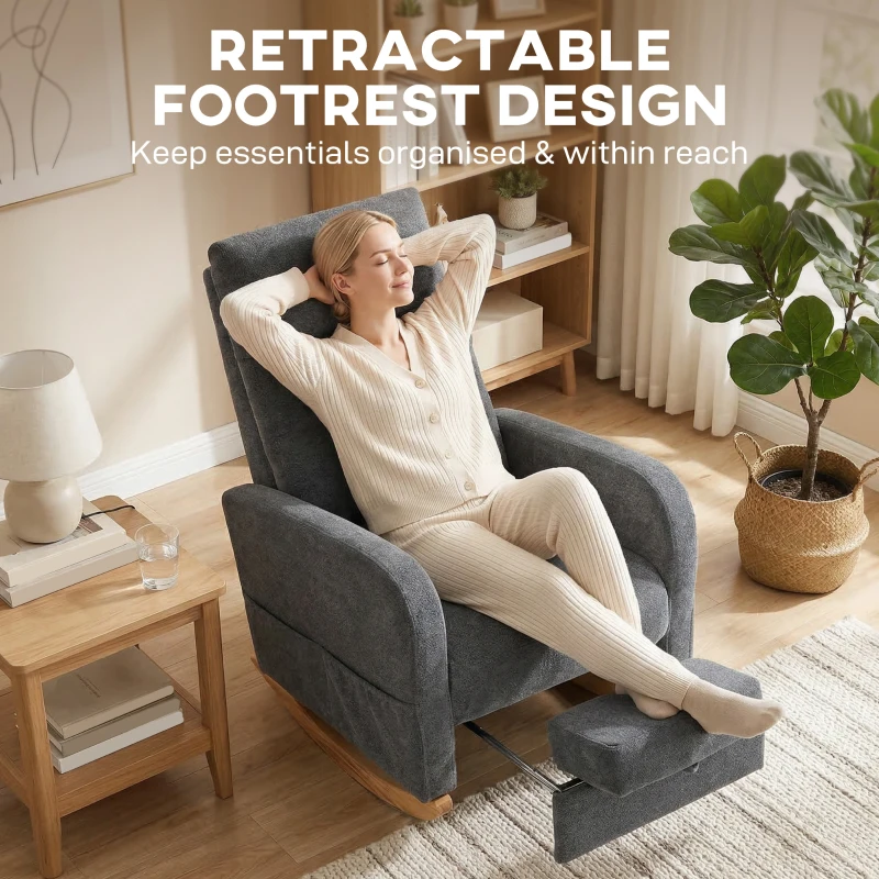 HOMCOM Upholstered Rocking Chair Retractable Footrest Rocker Chair High Back for Living Room Grey