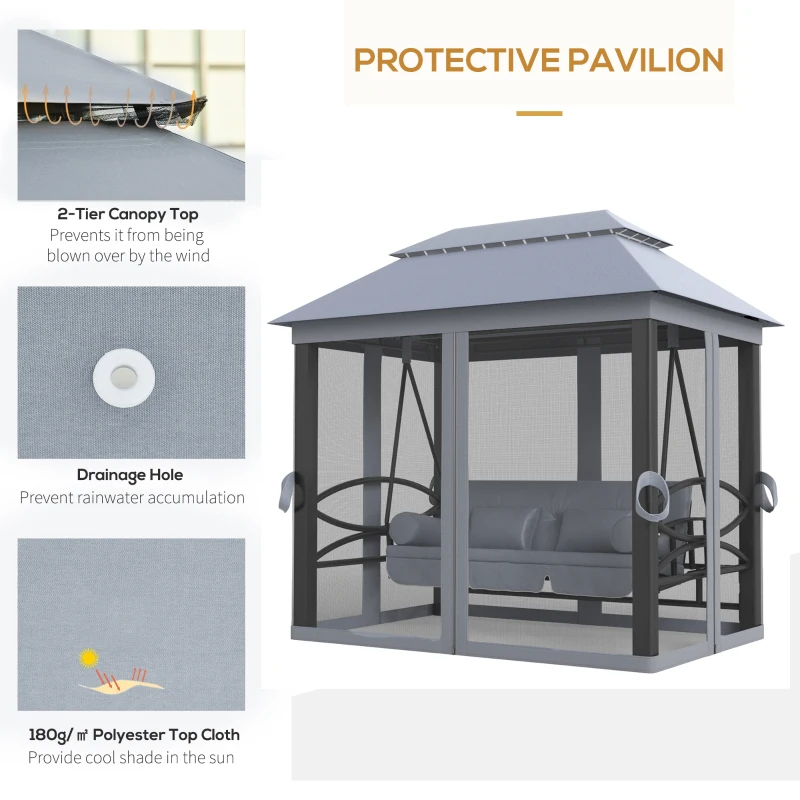 Outsunny 3 Seater Swing Chair 3-in-1 Convertible Garden Swing Seat Bed Gazebo Patio Bench Outdoor with Double Tier Canopy, Cushioned Seat, Mesh Sidewalls, Grey