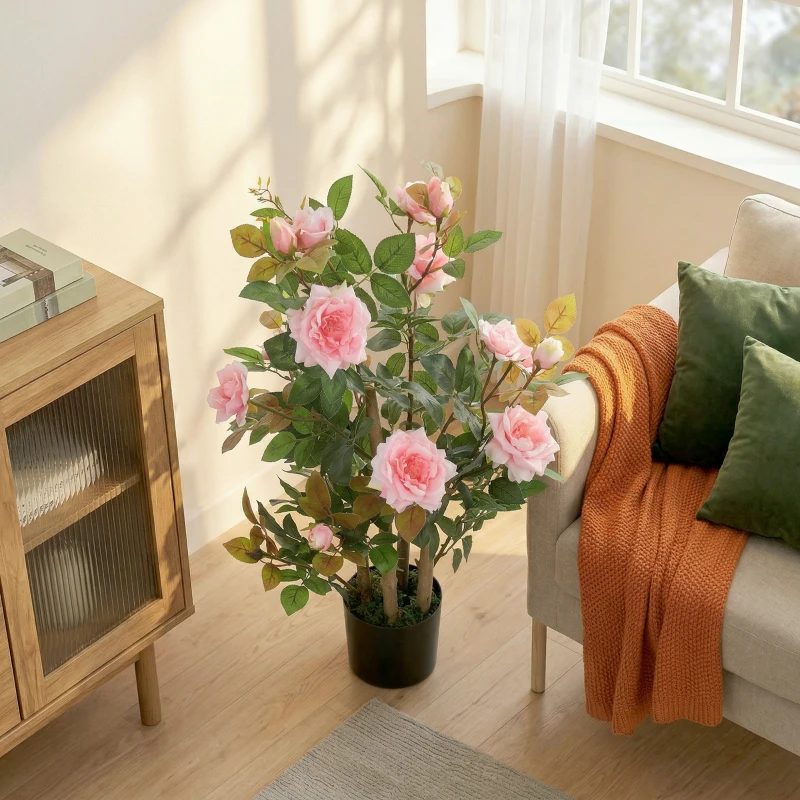 HOMCOM 90cm Artificial Rose Tree, Decorative Fake Plant with 344 Silk Leaves 17 Flowers for Outdoor Indoor Decor, Pink