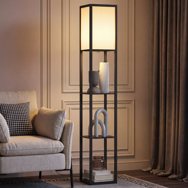 HOMCOM 3-Tier Floor Lamp with Shelves and Storage, Modern Standing Lamp with Lampshade, Reading Light with Chain Switch for Living Room, Bedroom, Home Office, Bulb not Included, Black