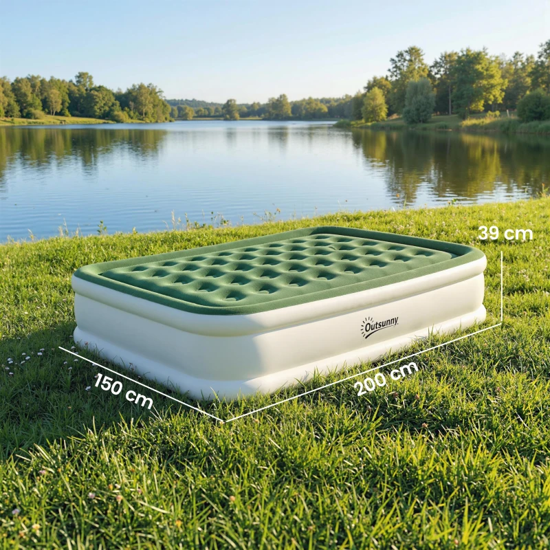 Outsunny Inflatable Mattress, Double Air Bed with Built-in Electric Pump, 3 Mins Inflation, Flocked Surface, Dark Green