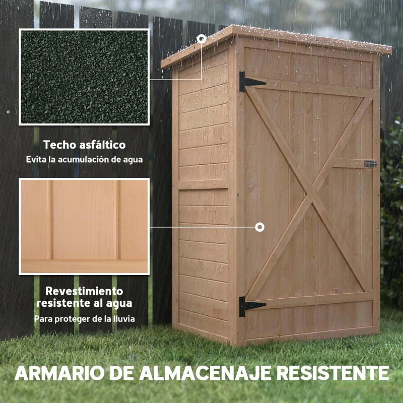 Outsunny Armario de Jardín de Madera para Exterior para Herramientas con 2 Estantes Techo Asfáltico 75x56x115cm Natural