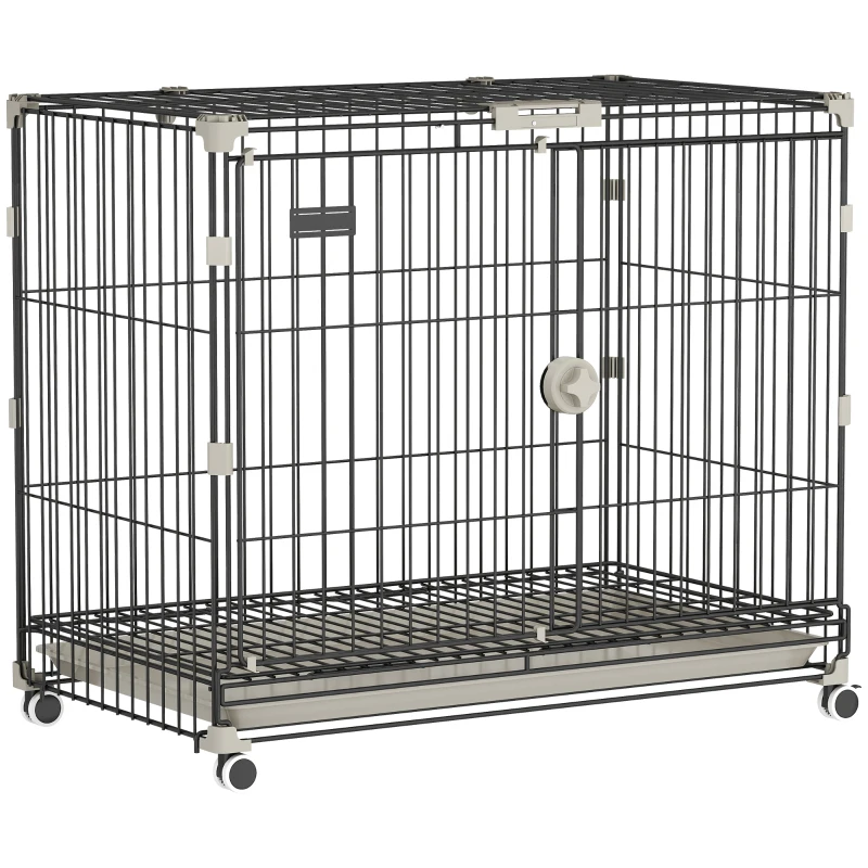 PawHut Jaula Plegable para Perro, Bandeja Extraíble, Ruedas con Freno, Techo Abatible, Puerta para Alimentación, 75,5x46x64,5cm, Negro