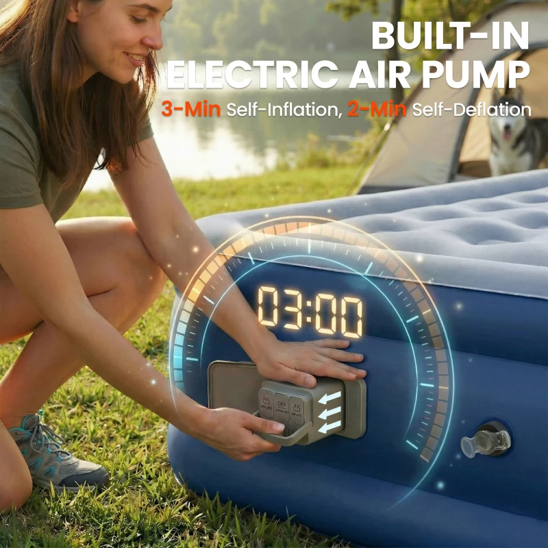 Outsunny Inflatable Mattress, Double Air Bed with Built-in Electric Pump, 3 Mins Inflation, Flocked Surface, Grey