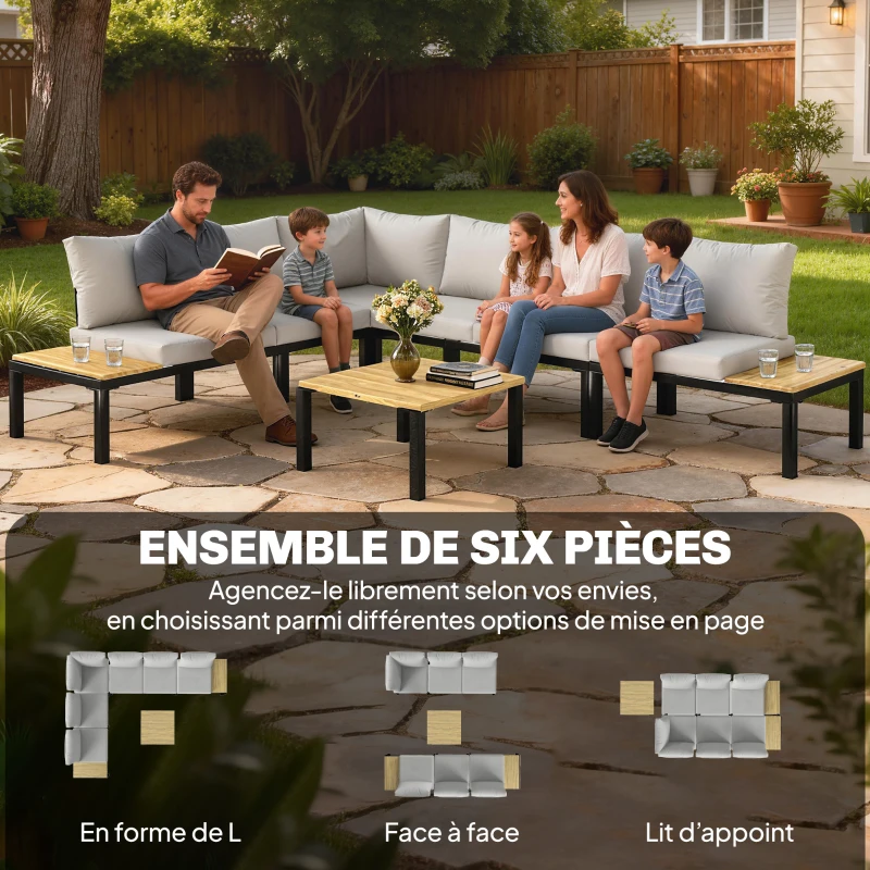 Outsunny Salon de Jardin Modulaire 6 Pièces Ensemble Canapé Extérieur Transformable en Lit Table Basse et Plateaux Latéraux Gris