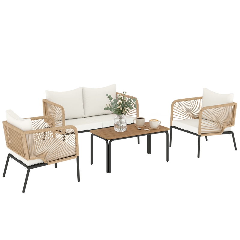 Outsunny Set mobilier de grădină, grup de șezut pentru 4 persoane, lounge cu sofă 2 locuri, 2 fotolii, masă cu lamele, împletitură tip sfoară, perne lavabile