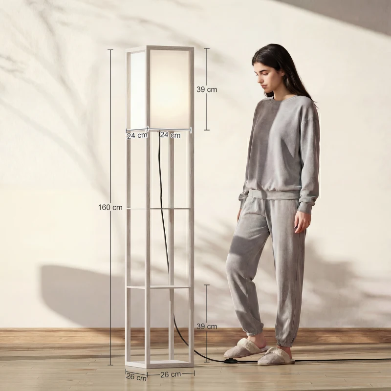 HOMCOM 3-Tier Floor Lamp with Shelves and Storage, Modern Corner Standing Lamp with Lampshade, Reading Light with Foot Switch for Living Room, Bedroom, Home Office, Bulb not Included, Oak