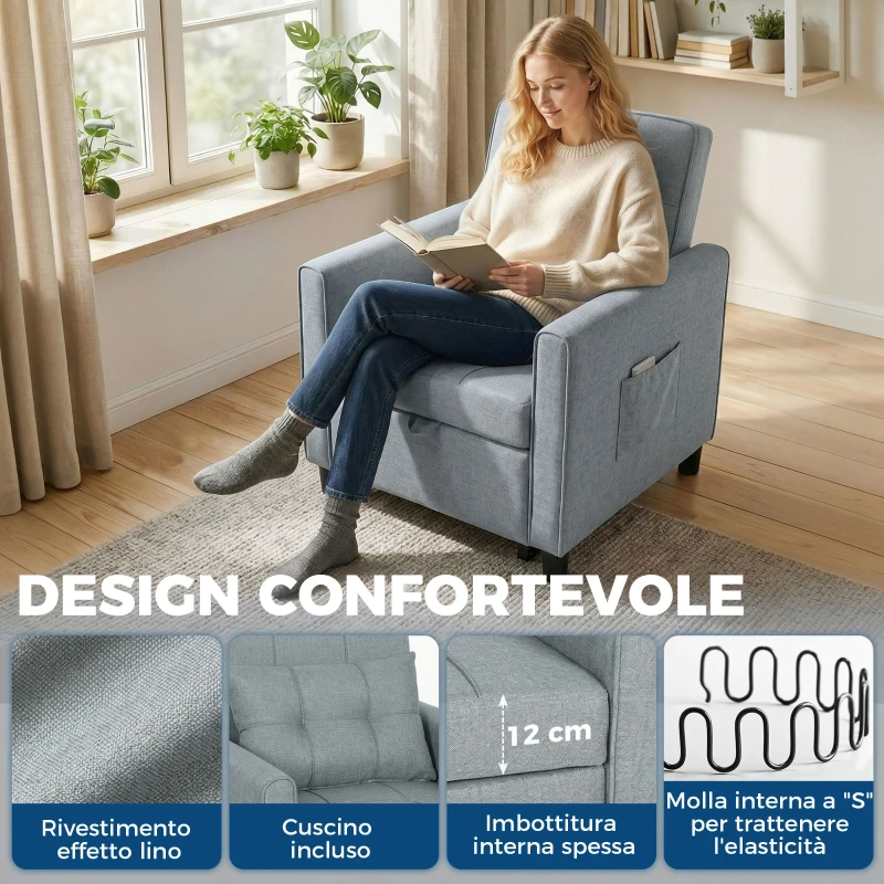 HOMCOM Divano Letto Pieghevole Convertibile con Schienale Regolabile e Cuscino, Grigio