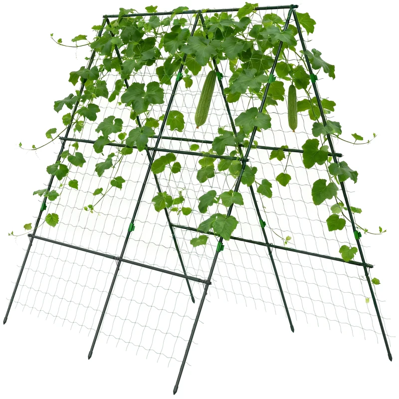 Outsunny Garden Cucumber Trellis for Climbing Plants, A-Frame Trellis Plant Support with Climbing Net, DIY Adjustable Cucumber Support Frame for Raised Bed, Vegetables, Flowers, Fruit, Green