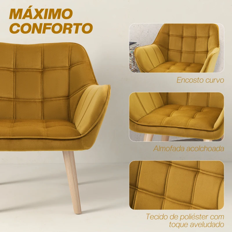 HOMCOM Poltrona Moderna de Sala Estofada em Veludo com Pés de Madeira para Sala de Estar Amarelo