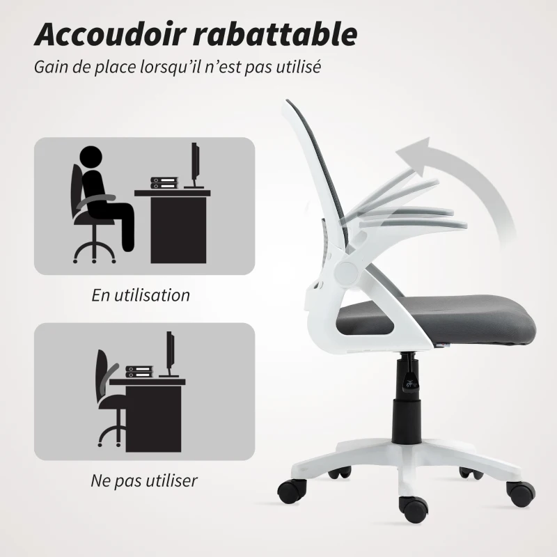 HOMCOM Chaise bureau ergonomique, fauteuil de bureau en maille avec accoudoirs relevables, hauteur réglable, gris