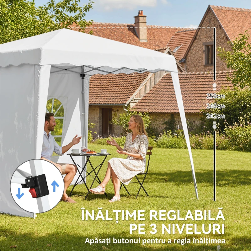 Outsunny Pavilion pliabil cu 2 laterale, Stalpi oblici si geanta de transport, cort de evenimente inaltime reglabila UV50+, cort de gradina, curte, acoperis 2,4 x 2,4 m / baza 2,9 x 2,9 m, alb