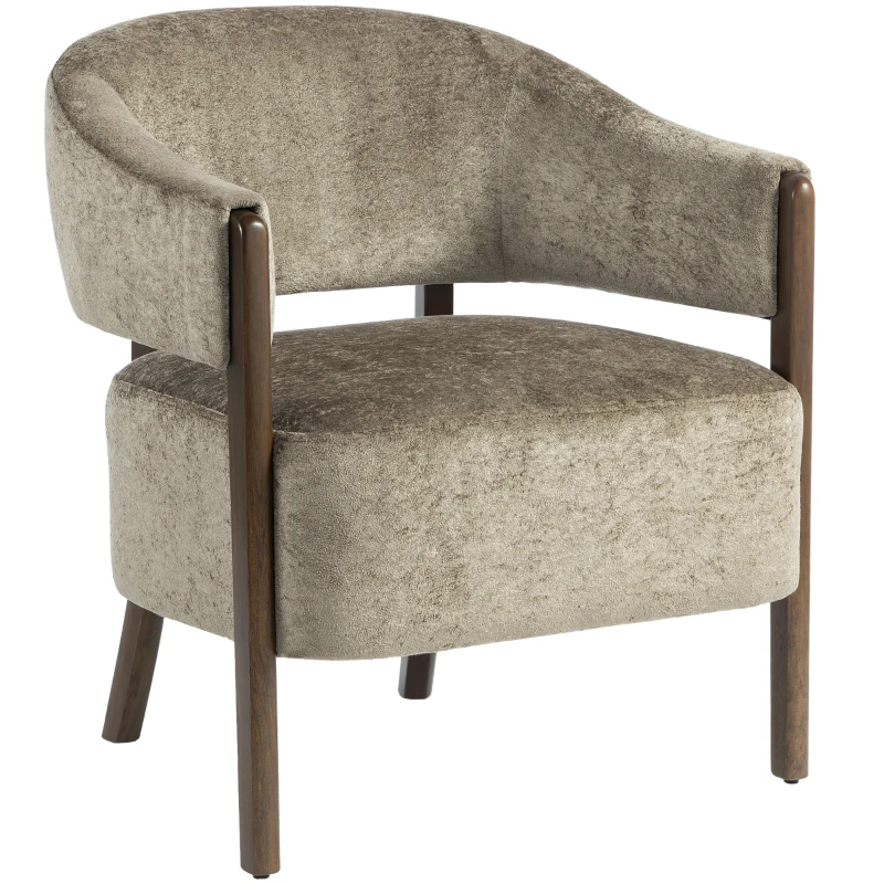 HOMCOM Accent Chair, Upholstered Tub Chair with Solid Wood Frame and Legs, Light Brown