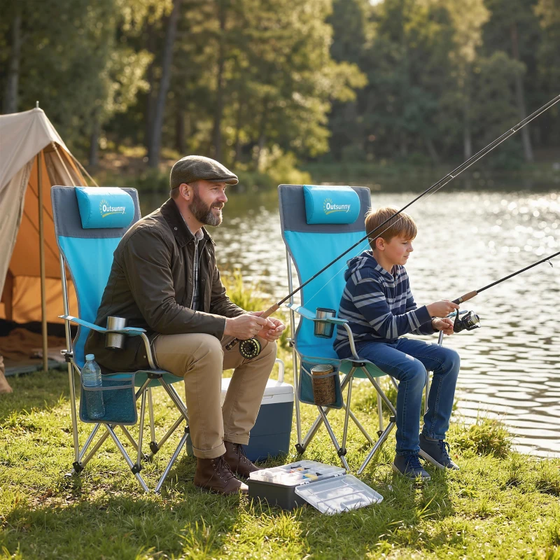 Outsunny Set of 2 Reclining Folding Camping Chair w/ Detachable Footrest, Storage Bag, Cup Holder & Headrest, Blue and Grey
