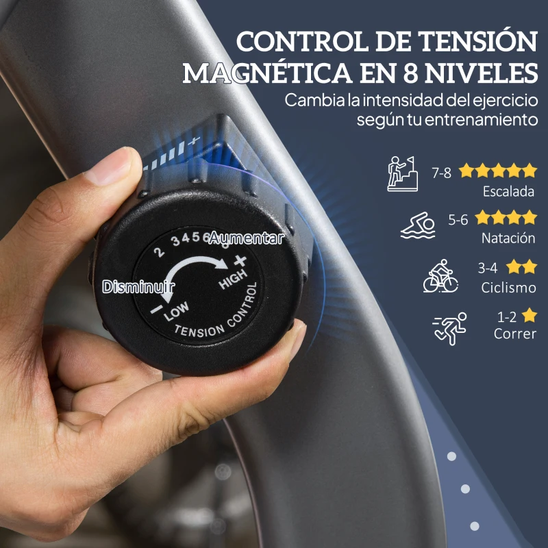HOMCOM Bicicleta Estática con Respaldo, 8 Niveles Resistencia Magnética, Bicicleta Estática para Casa, con Volante, Asiento Ajustable, Monitor LCD, Pulsómetro, Soporte de Teléfono y Ruedas, Gris