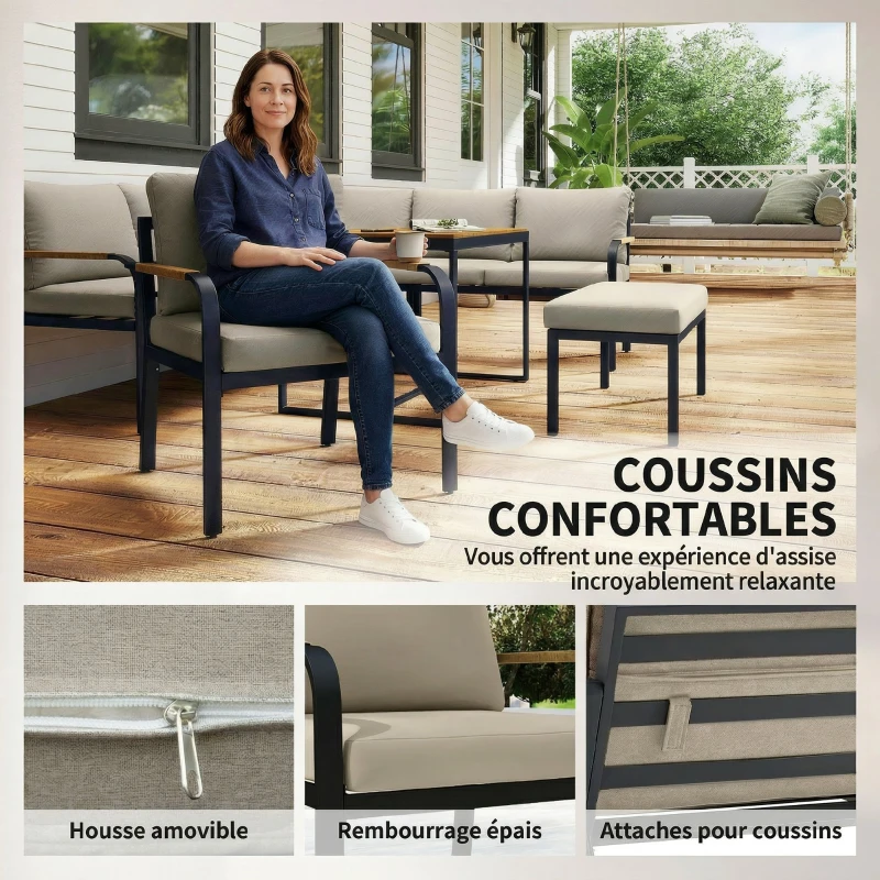 Outsunny Salon de Jardin 7 Pièces Ensemble Canapé d'Angle Extérieur Modulable avec Table en WPC et Pouf Beige et Gris