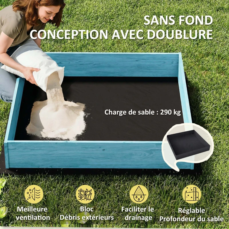 AIYAPLAY Bac à sable en bois avec couvercle, bac à sable enfant extérieur avec siège pliable toile imprimée flamants bleus