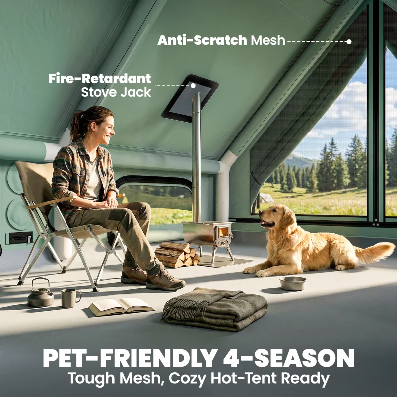 Outsunny Inflatable Camping Tent, 4 Season Hot Tent 10000mm Waterproof with Chimney Opening, Sky Light and Air Pump, Green