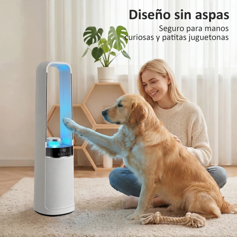 HOMCOM Ventilador de Torre Silencioso sin Aspas con Luces LED de 4 Colores Mando a Distancia Temporizador de 12 horas Blanco