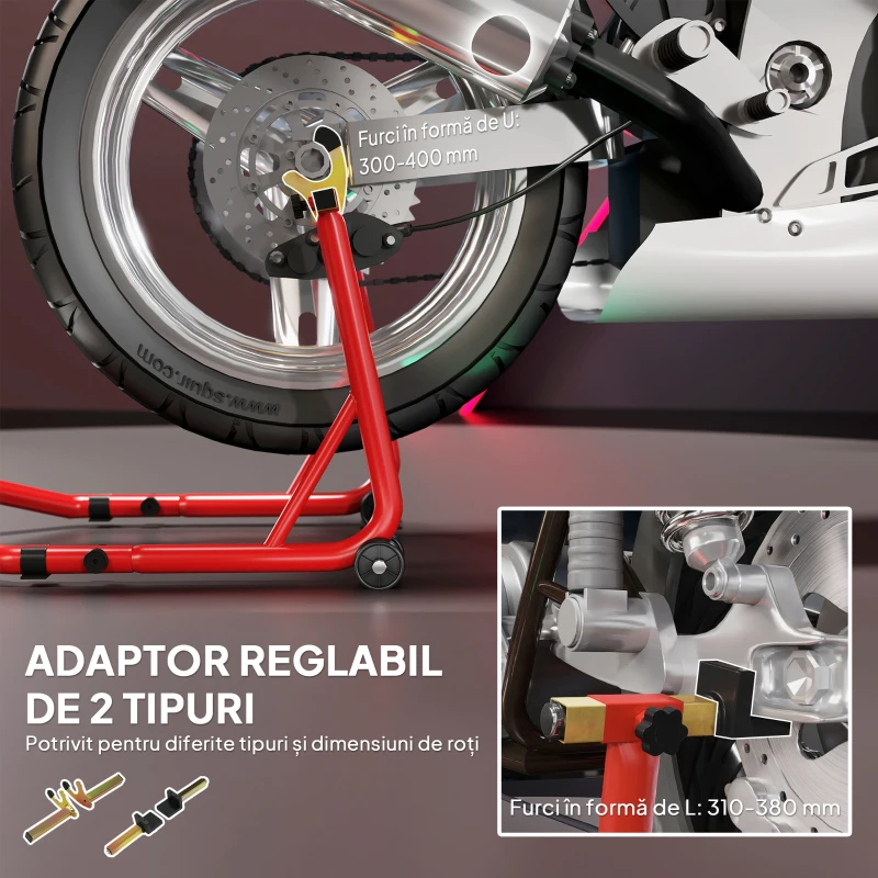 HOMCOM Stand pentru Motocicletă cu Capacitate de 544 kg, Furci Reglabile în U și L, Roți și Elemente Antialunecare, Roșu