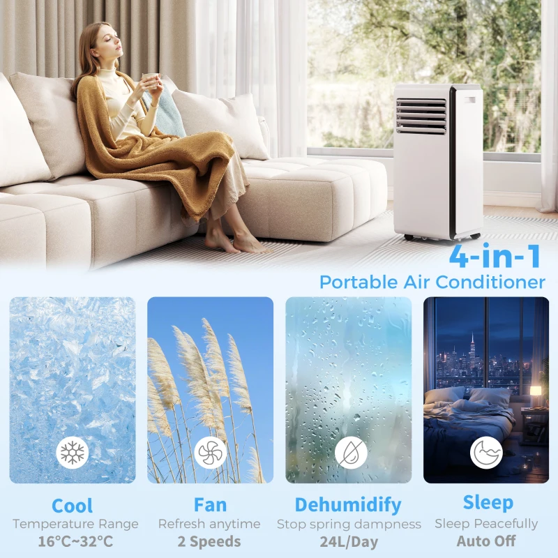 HOMCOM Portable Air Conditioner 9000 BTU, 4-in-1 Air Conditioning Unit with Cooling, Dehumidifier, Fan, Sleep Mode, White