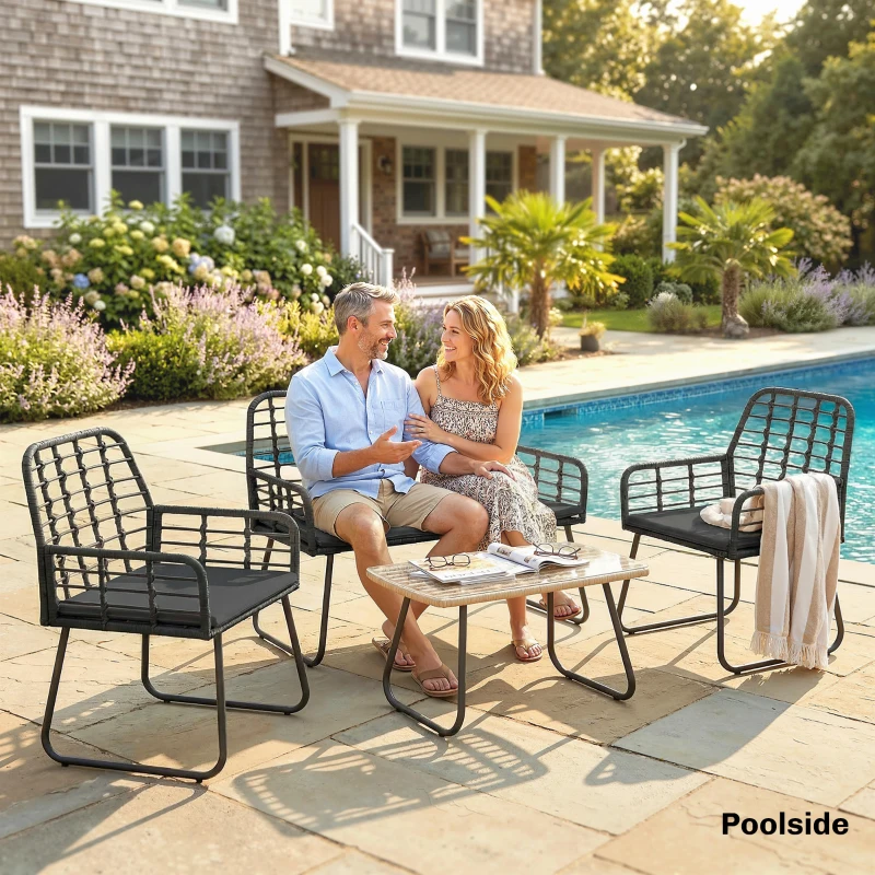 Outsunny 4 Piece Rattan Garden Furniture Set, Outdoor Patio Furniture with Loveseat, Armchairs and Coffee Table