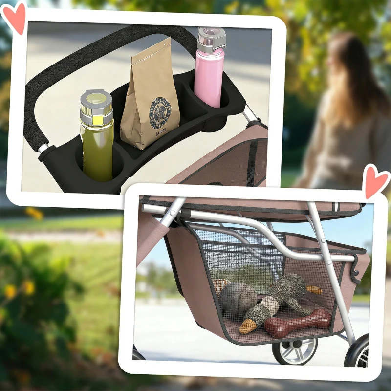 PawHut Carrito para Perros Pequeños con Cesta de Almacenaje Ventanas de Malla y Cinturón de Seguridad 77x44x102 cm Café