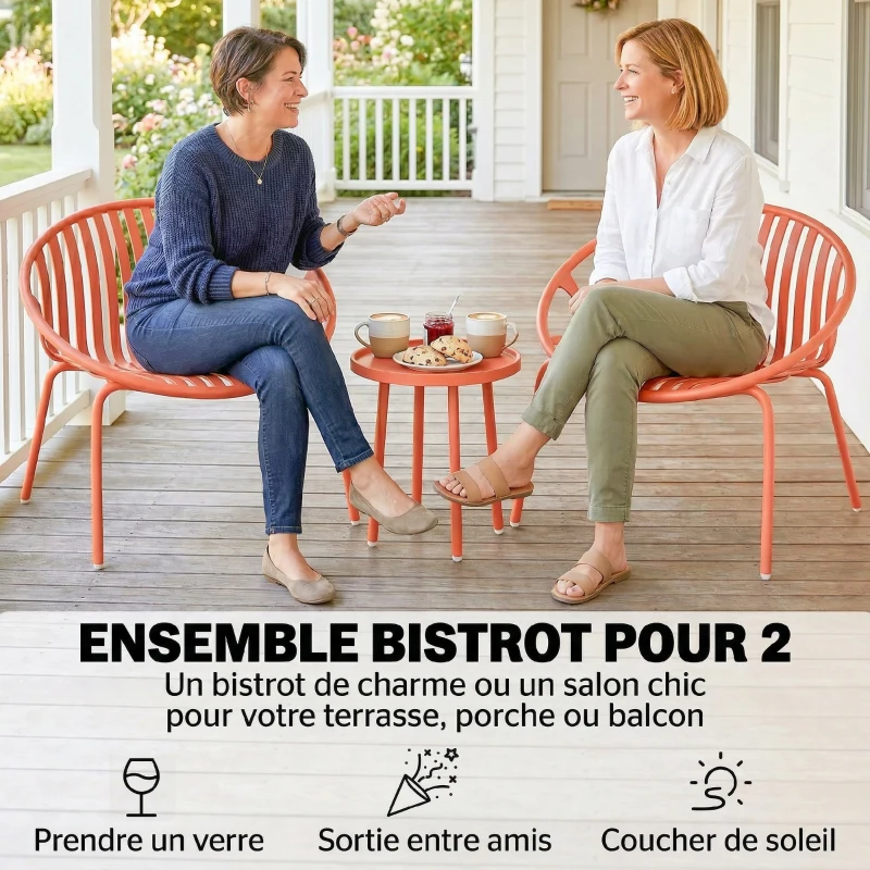 Outsunny Salon de Jardin Ensemble Bistro 3 Pièces Table Basse à Plateau Concave Acier et Polypropylène 80x70x75cm Rouge Brique