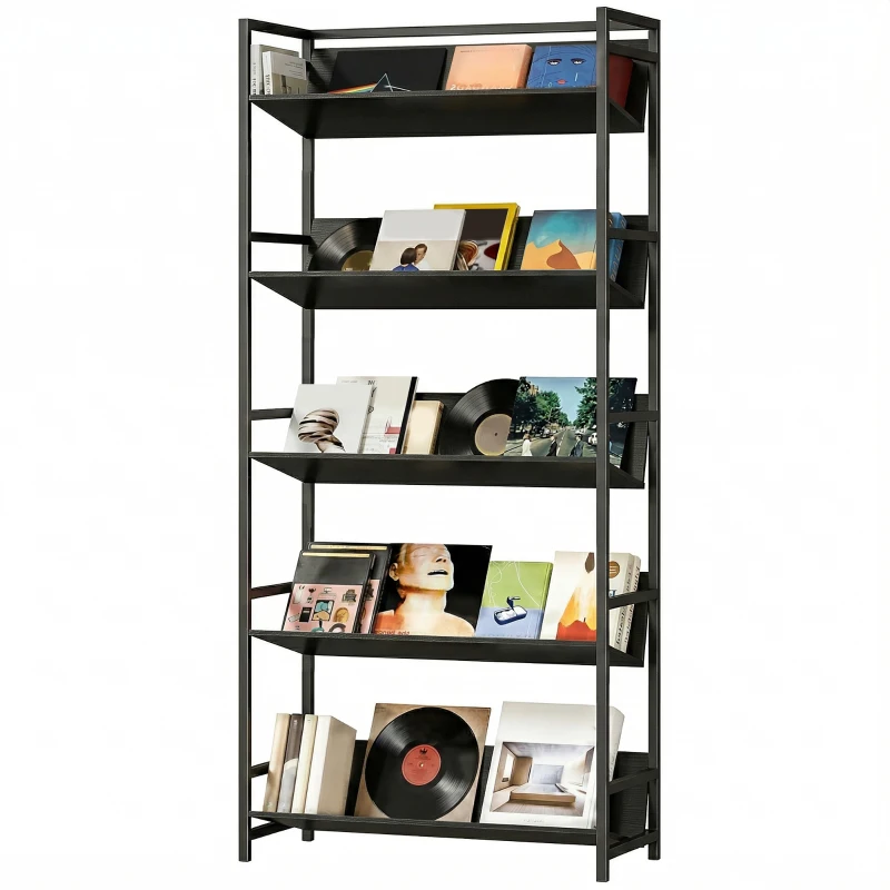 HOMCOM Bookshelf 5-Tier Metal Frame Bookcase Storage Shelves for Living Room Black