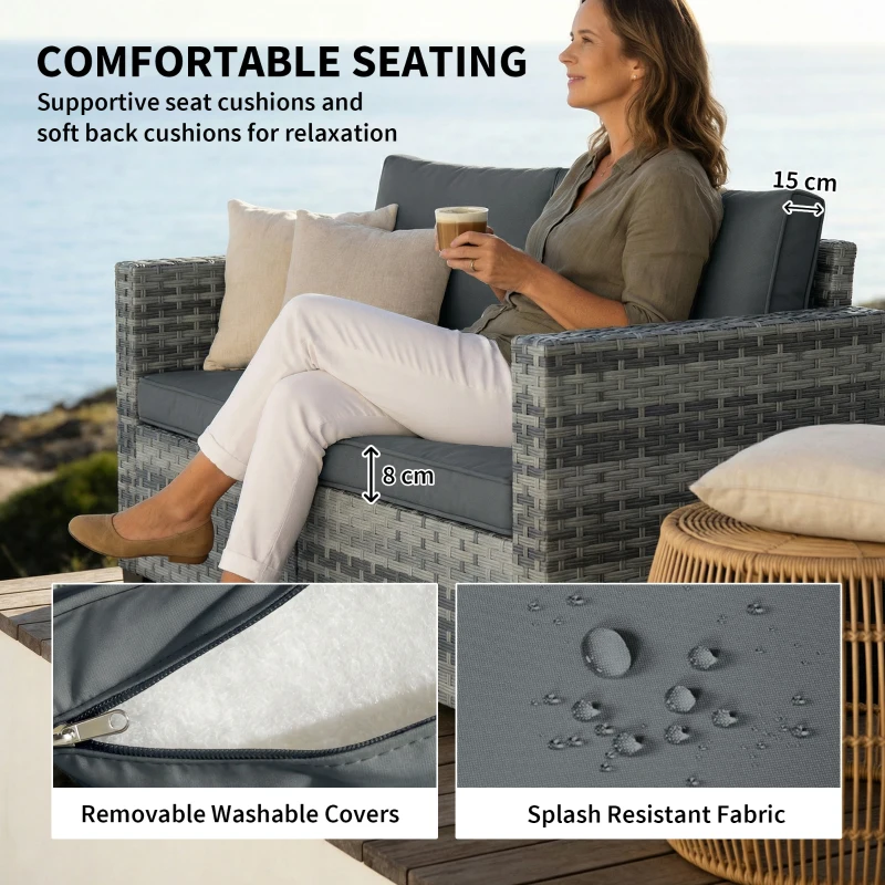 Outsunny 2 Seater Rattan Sofa, Outdoor Garden Sofa with Deep Seat, Cushions, Wide Armrests for Patio, Balcony, Porch, Mixed Grey