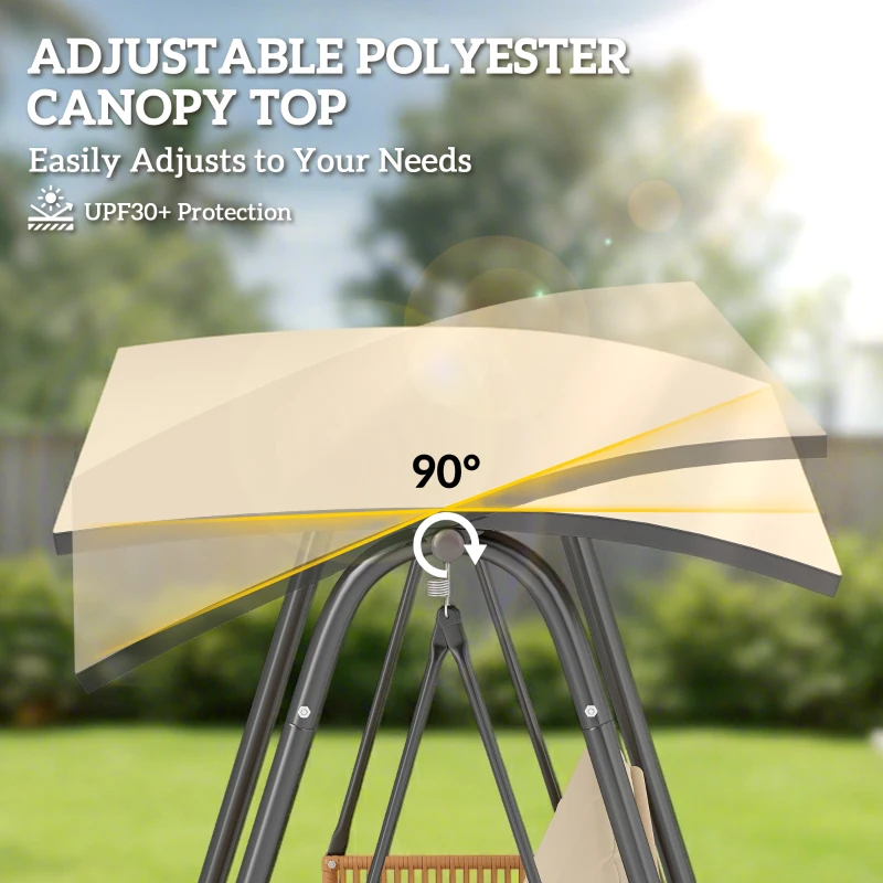 Outsunny 3 Seater Swing Chair with Adjustable Canopy, 360 kg Garden Swing Seat Outdoor Hammock Bench with Cushions, Sand Brown