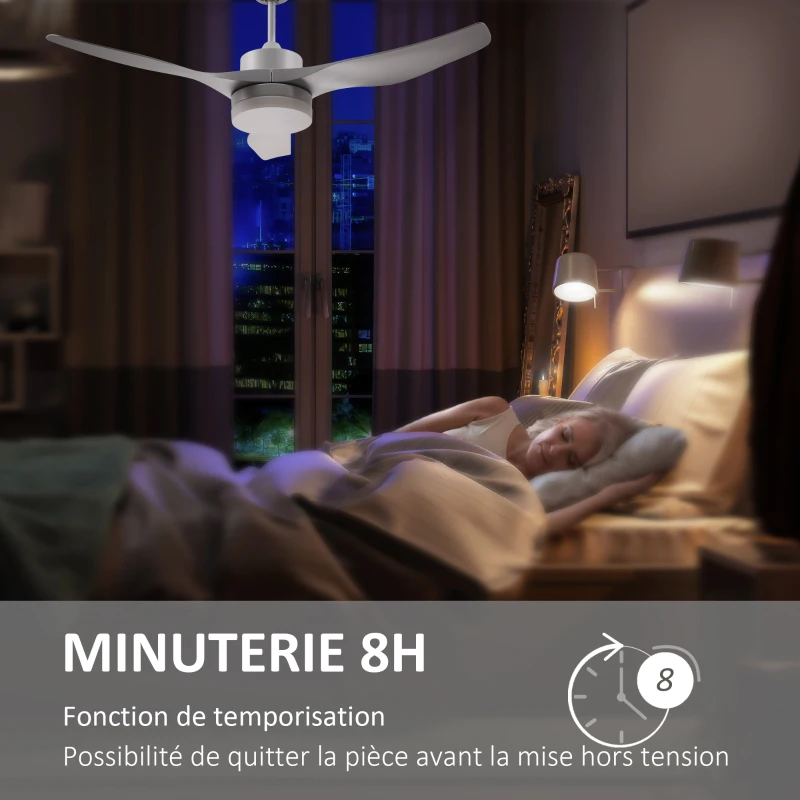 HOMCOM Ventilateur plafond avec lumière et télécommande 20,5 W, 6 vitesses 3 couleurs d'éclairage et minuterie, 132 cm, blanc