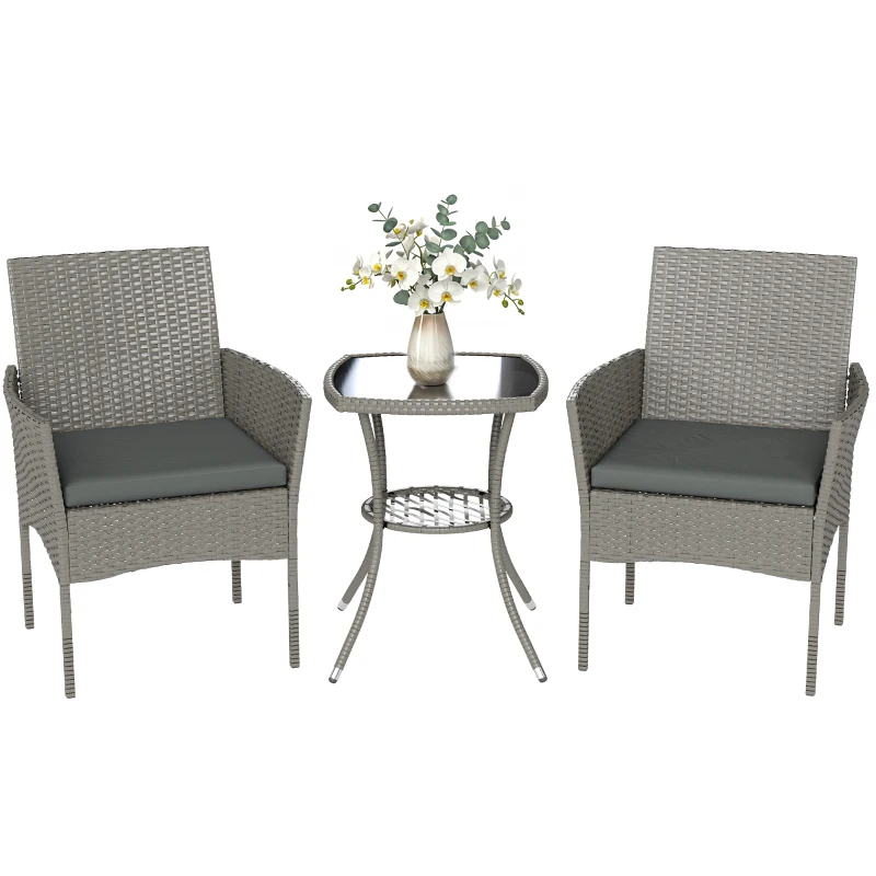 Outsunny 3 Piece Rattan Bistro Set, PE Wicker Garden Furniture Conversation Set with 2 Tier Glass-Top Table, Chairs, Dark Grey