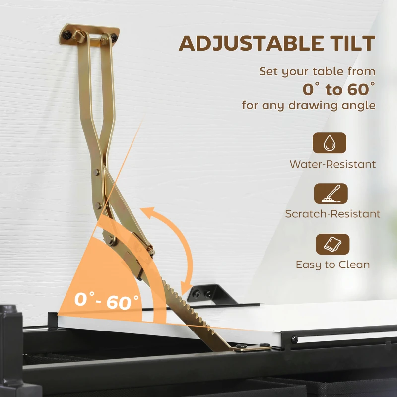 HOMCOM Regulowany na wysokość stół do rysowania, stół roboczy z krzesłem i szufladami, biały