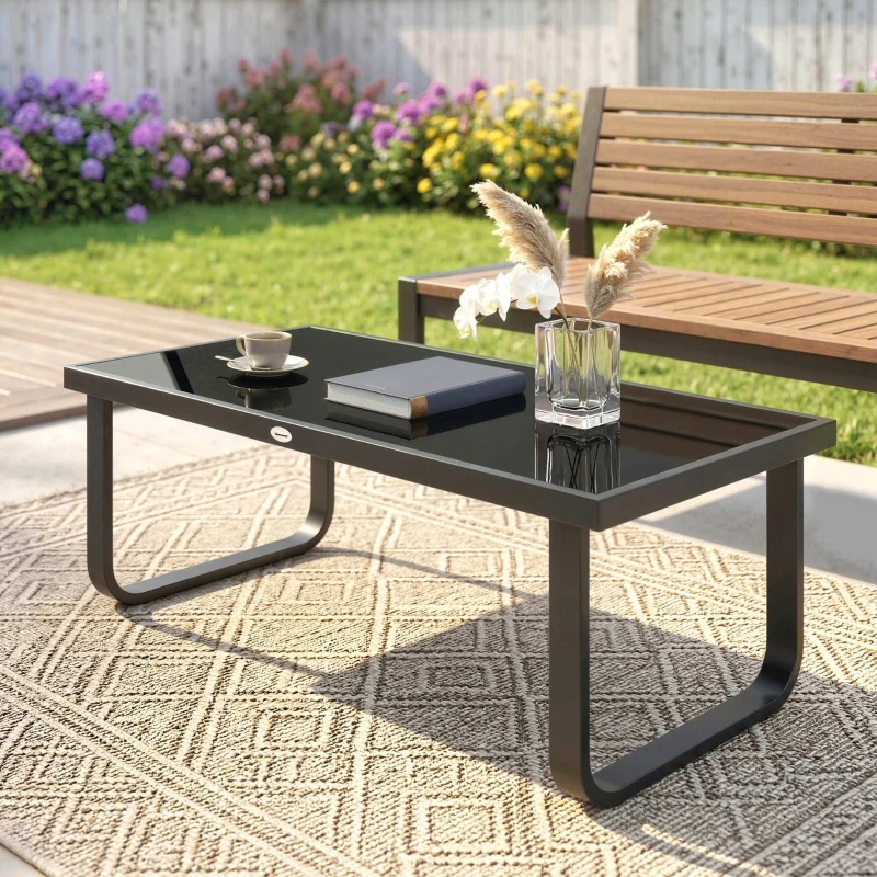 Outsunny Table Basse de Jardin Rectangulaire, Pieds Incurvés, Plateau en Verre Trempé, pour Terrasse Balcon, 90x45x33cm, Noir