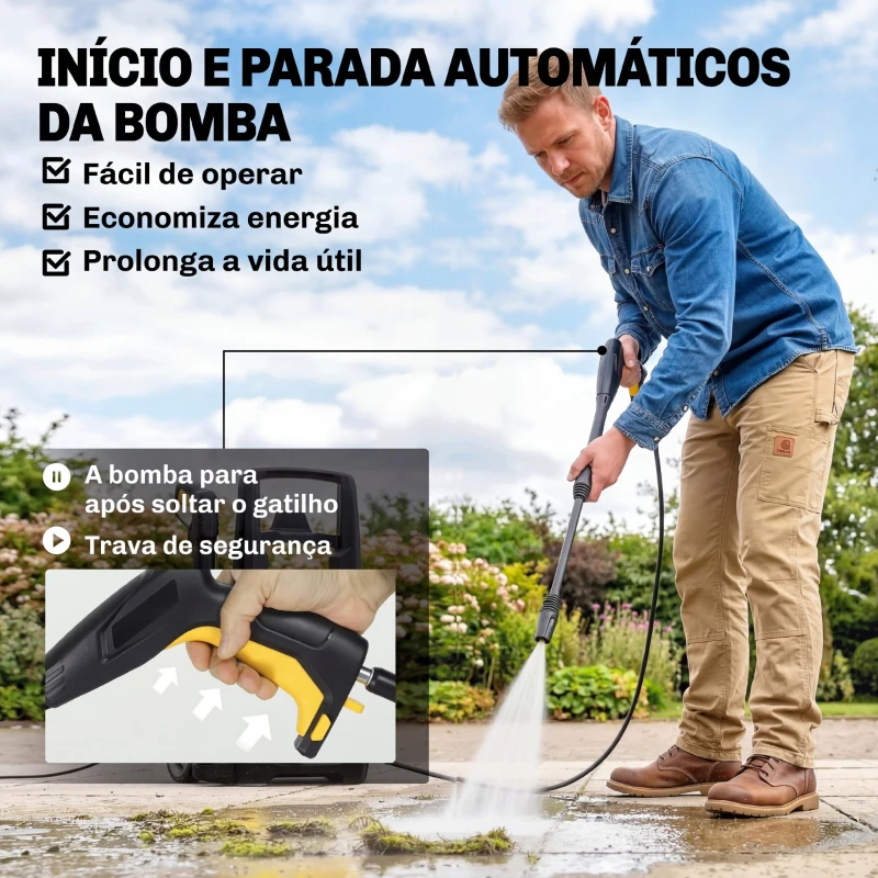 Outsunny Lavadora de Alta Pressão 1600W Presión 100 Bar Caudal 390 L/h com Bocal Ajustável e Rodas 29,5x22x60 cm Amarelo