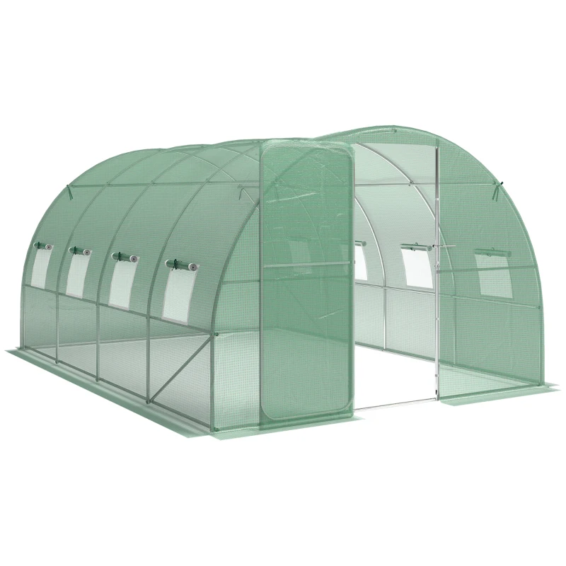 Outsunny Serre tunnel de jardin 12m², serre de jardin tunnel 295x400x200cm porte et 8 fenêtres, bâche PE 140 g/m² vert